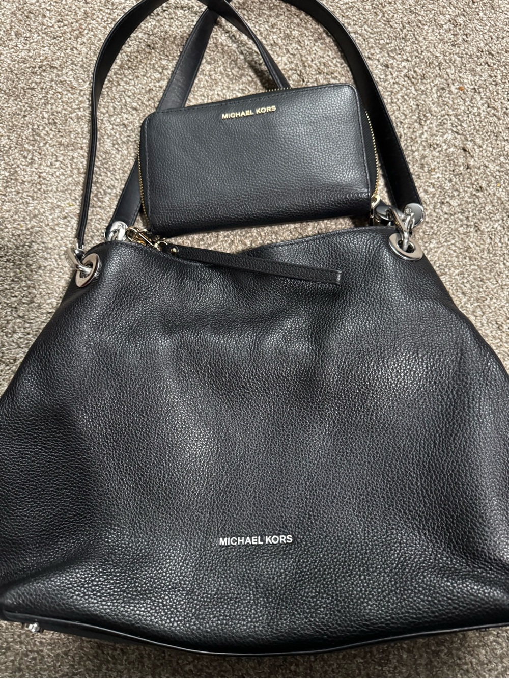 Michael Kors Black Pebbled Leather Shoulder Bag with Matching Wristlet